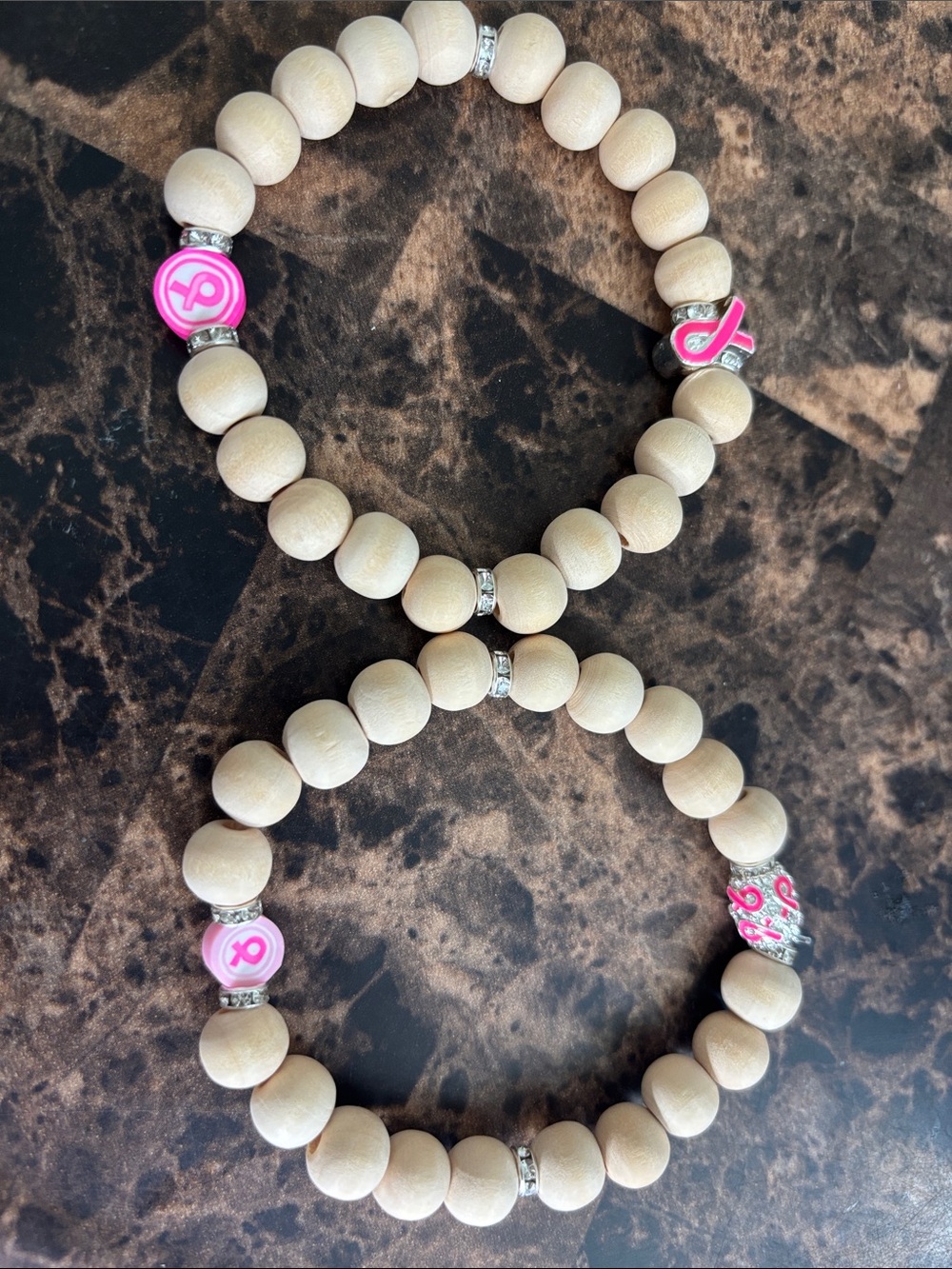 🌸 “Breast Cancer” Wood Bead Stretch Bracelet Set with Pink Ribbon Accents